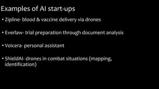 Examples of AI start-ups
• Zipline- blood & vaccine delivery via drones
• Everlaw- trial preparation through document analysis
• Voicera- personal assistant
• ShieldAI- drones in combat situations (mapping,
identification)
 