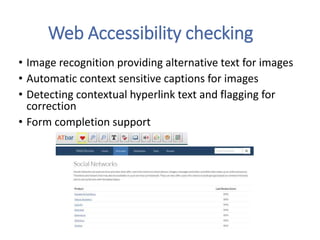 Web Accessibility checking
• Image recognition providing alternative text for images
• Automatic context sensitive caption...