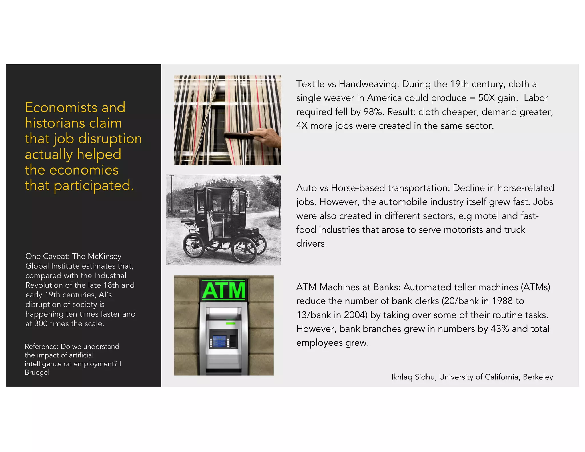 Ikhlaq Sidhu, University of California, Berkeley
The economy will grow dramatically (2017 PWC Report)
• AI will contribute as much as $15.7 trillion to the world economy by 2030, according to a
PwC report Wednesday. That’s more than the current combined output of China and
India. 6.6T in productivity gain and 9.1T in consumption. (June 2017)
• Machines to work with people and augment their capabilities and productivity.
• Global GDP, which stood at about $74 trillion in 2015, will be 14 percent higher in 2030 as a result of AI, according to
PwC’s projections.
• Mixed results for the labor market, according to Tom Mitchell, CMU
• Elimination: Some jobs are being eliminated, many routine clerical jobs, toll booth operators, etc.
• Gain Effectiveness: like doctor jobs, where AI is not replacing them but making them better by augmenting their
capabilities.
• Context: Uber and Biz model innovation - No one yet has predicted if it will be a gain or loss?
• AI also involves risk. Regulators are wary of rapidly developing systems that they have little oversight of. And, there
are lingering suspicions about erosion of privacy.
See Bloomberg
 