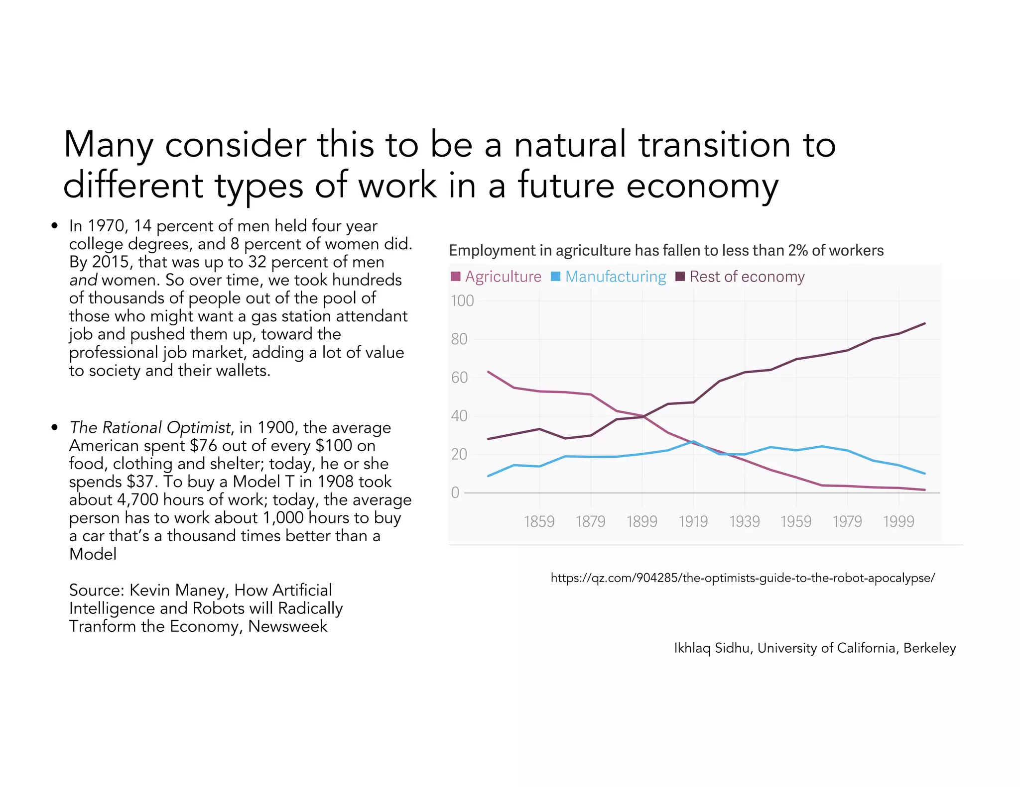 PWC: Defining AI
- varying models of AI emulating and
replacing human judgement
- early value from productivity (2017-2024)
- later value from increased consumption
(2024+)
intelligence:
• Automated intelligence: Automation of
manual, routine tasks
• Assisted intelligence: Helping to perform
tasks faster and better
• Augmented intelligence: Helping people
to make better decisions
• Autonomous intelligence: Automating
decision-making processes without human
intervention
Figure 1: The scope of artificial intelligence
Hardwired/
specific
systems
Adaptive
systems
PwC Data &
Analytics
Human-in-the-loop No Human-in-the-loop
Assisted intelligence
AI systems that assist humans in making decisions or
taking actions. Hard-wired systems that do not learn
from their interactions.
Automation
Automation of manual and cognitive tasks that are
routine. This does not involve new ways of doing things
– automates existing tasks.
Augmented intelligence
AI systems that augment human decision making
continuously learn from their interactions with humans
and the environment.
Automation intelligence
AI systems that can adapt to different situations and
can act autonomously without human assistance.
6 The economic impact of artificial intelligence on the UK economy
Figure 3: Where will the value gains come from with AI?
During the first phase of the impact (2017-2024),
productivity growth could account for a relatively
larger share of the gains than the period that
follows, when the consumption-side impacts are
likely to dominate. This is due to the fact that it
takes time for firms to enter the marketplace and
supply new varieties of AI-enhanced products to
consumers following the stimulation in consumer
spending from higher real wages and initial product
improvements. As this takes place, competition
The potential for artificial intelligence to impact the
UK economy is slightly higher compared to the
potential in Northern Europe more generally. Our
recent report5
assesses the global potential for AI
and the likely impact for regional economies. The
analysis concludes that GDP in Northern Europe
could be up to 9.9% higher in 2030. The UK could
see larger gains as a result of having stronger
foundations in technology already – many
technology companies have their EMEA
Phase 1: Productivity-driven impact Phase 2: Consumption-side impacts dominate
£billion
0
50
100
150
200
250
2017 2018 2019 2020 2021 2022 2023 2024 2025 2026 2027 2028 2029 2030
Labour productivity Personalisation Time saved Utility
The transition timing is still a big factor
This time, it will be 10X faster and scale of 300Xthan the last
industrial revolution. We have not seen this level of
displacement before. Source McKinsey
 