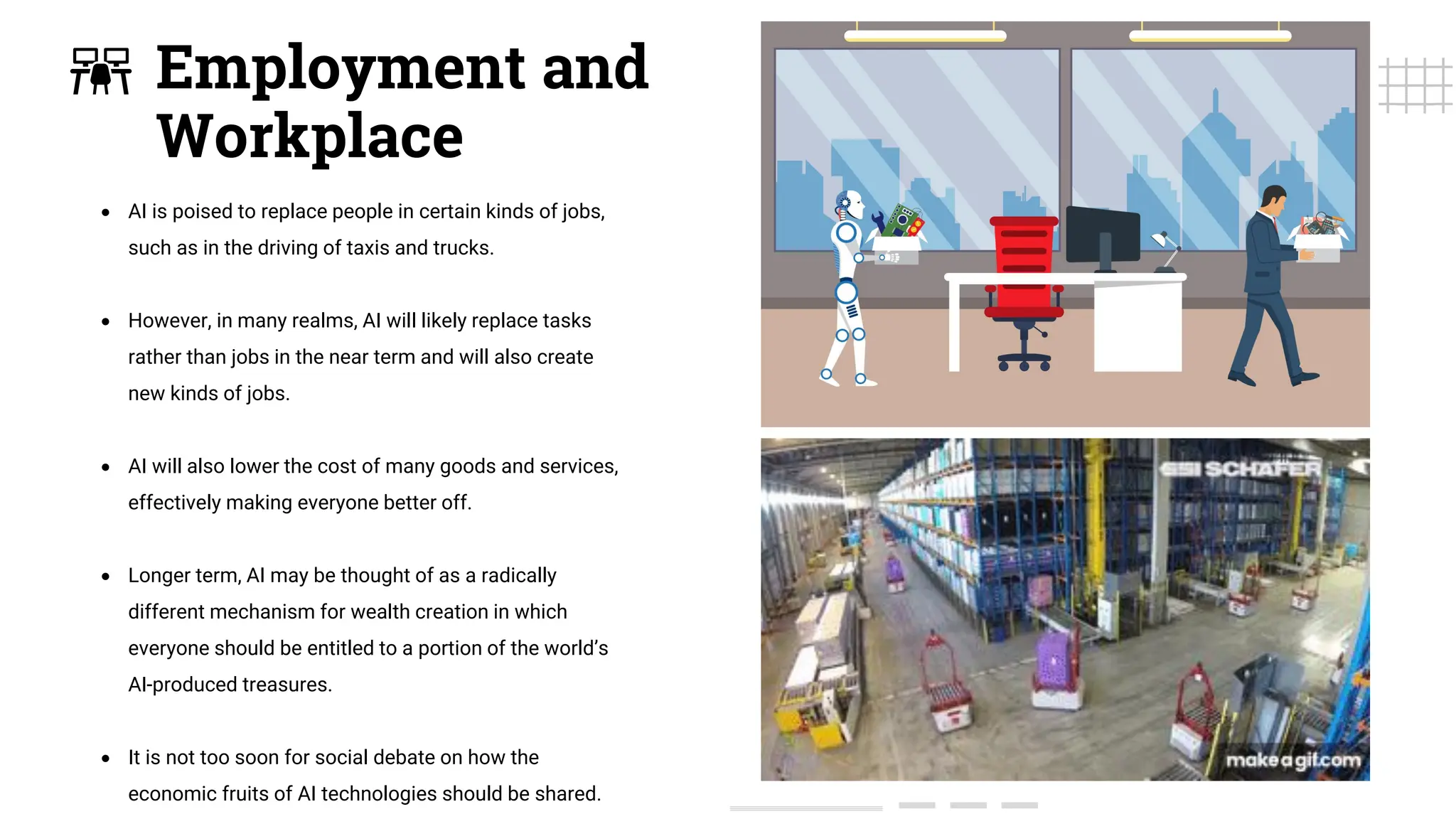 Employment and
Workplace
• AI is poised to replace people in certain kinds of jobs,
such as in the driving of taxis and trucks.
• However, in many realms, AI will likely replace tasks
rather than jobs in the near term and will also create
new kinds of jobs.
• AI will also lower the cost of many goods and services,
effectively making everyone better off.
• Longer term, AI may be thought of as a radically
different mechanism for wealth creation in which
everyone should be entitled to a portion of the world’s
AI-produced treasures.
• It is not too soon for social debate on how the
economic fruits of AI technologies should be shared.
 