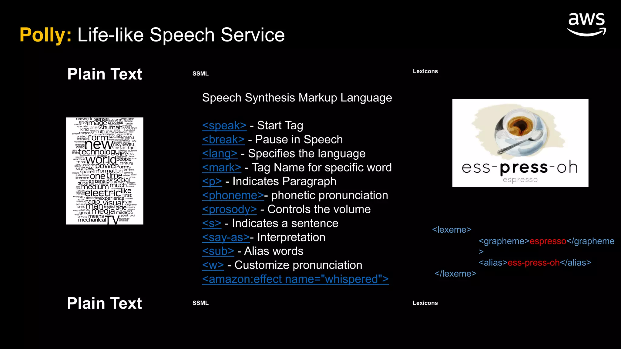 Polly: Life-like Speech Service
Plain Text SSML Lexicons
Plain Text SSML Lexicons
Speech Synthesis Markup Language
<speak> - Start Tag
<break> - Pause in Speech
<lang> - Specifies the language
<mark> - Tag Name for specific word
<p> - Indicates Paragraph
<phoneme>- phonetic pronunciation
<prosody> - Controls the volume
<s> - Indicates a sentence
<say-as>- Interpretation
<sub> - Alias words
<w> - Customize pronunciation
<amazon:effect name="whispered">
<lexeme>
<grapheme>espresso</grapheme
>
<alias>ess-press-oh</alias>
</lexeme>
 