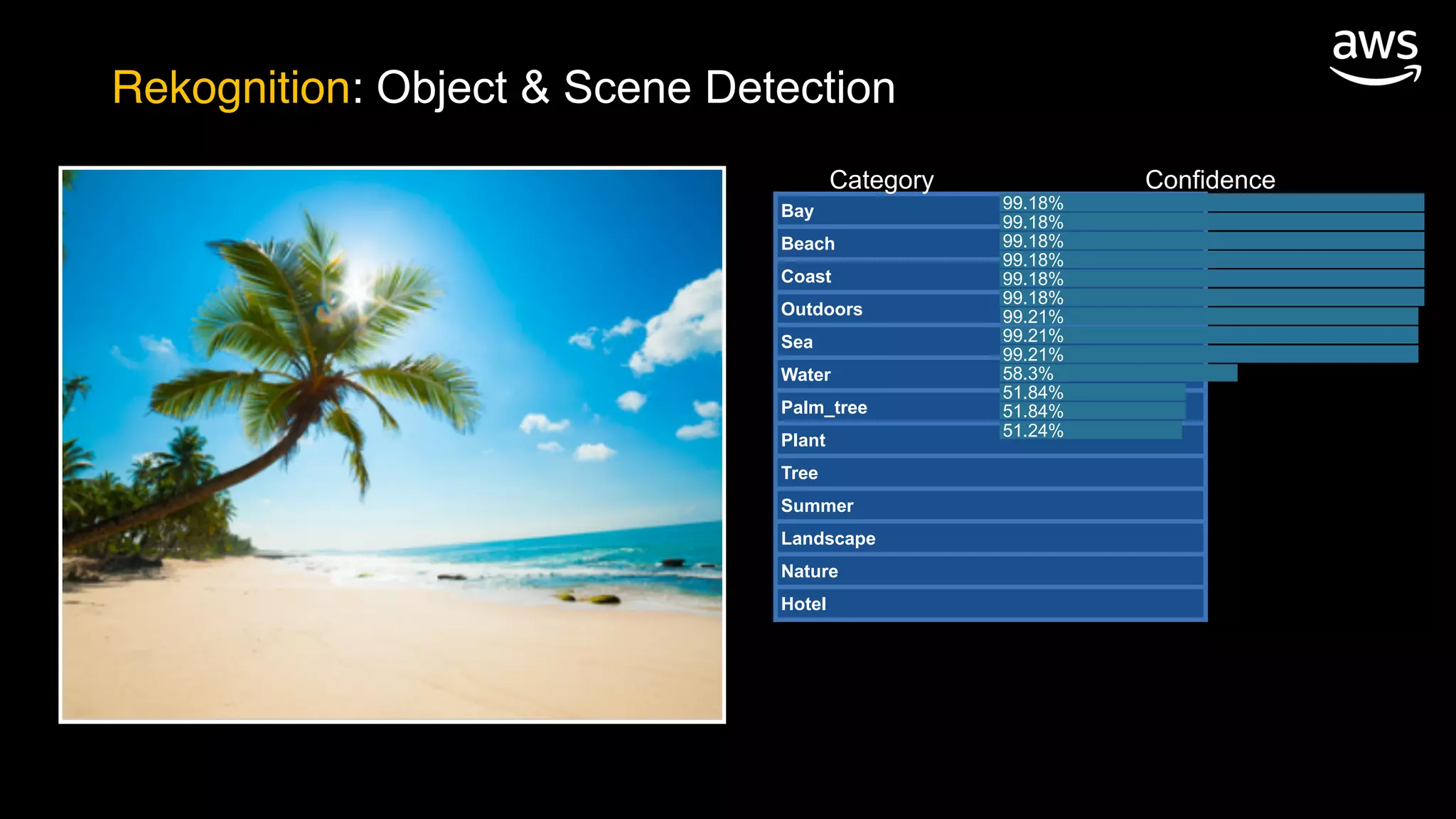 Bay
Beach
Coast
Outdoors
Sea
Water
Palm_tree
Plant
Tree
Summer
Landscape
Nature
Hotel
99.18%
99.18%
99.18%
99.18%
99.18%
99.18%
99.21%
99.21%
99.21%
58.3%
51.84%
51.84%
51.24%
Category Confidence
Rekognition: Object & Scene Detection
 