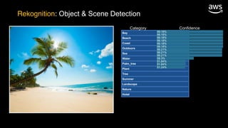 Bay
Beach
Coast
Outdoors
Sea
Water
Palm_tree
Plant
Tree
Summer
Landscape
Nature
Hotel
99.18%
99.18%
99.18%
99.18%
99.18%
99.18%
99.21%
99.21%
99.21%
58.3%
51.84%
51.84%
51.24%
Category Confidence
Rekognition: Object & Scene Detection
 