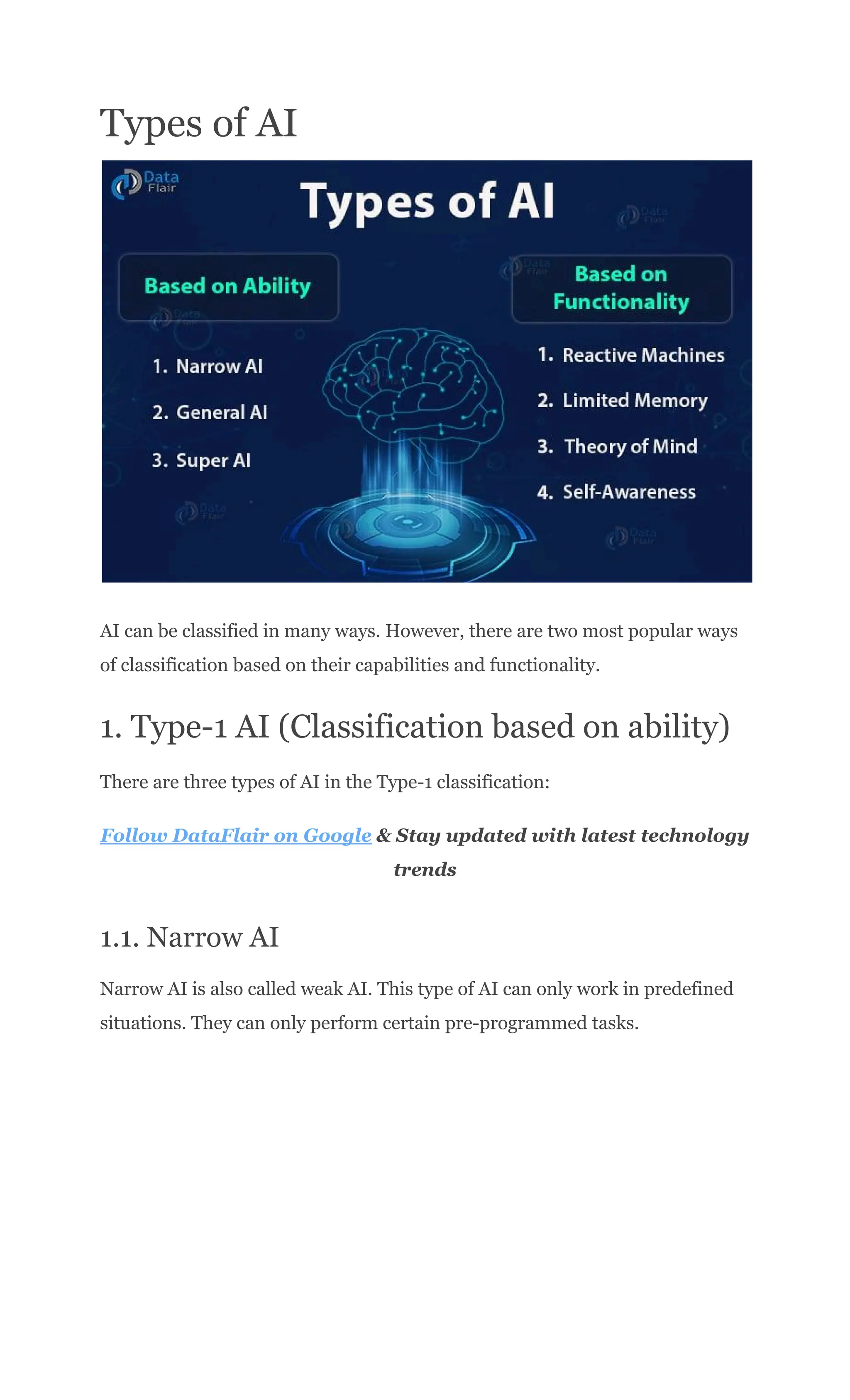 Types of AI
AI can be classified in many ways. However, there are two most popular ways
of classification based on their capabilities and functionality.
1. Type-1 AI (Classification based on ability)
There are three types of AI in the Type-1 classification:
Follow DataFlair on Google & Stay updated with latest technology
trends
1.1. Narrow AI
Narrow AI is also called weak AI. This type of AI can only work in predefined
situations. They can only perform certain pre-programmed tasks.
 