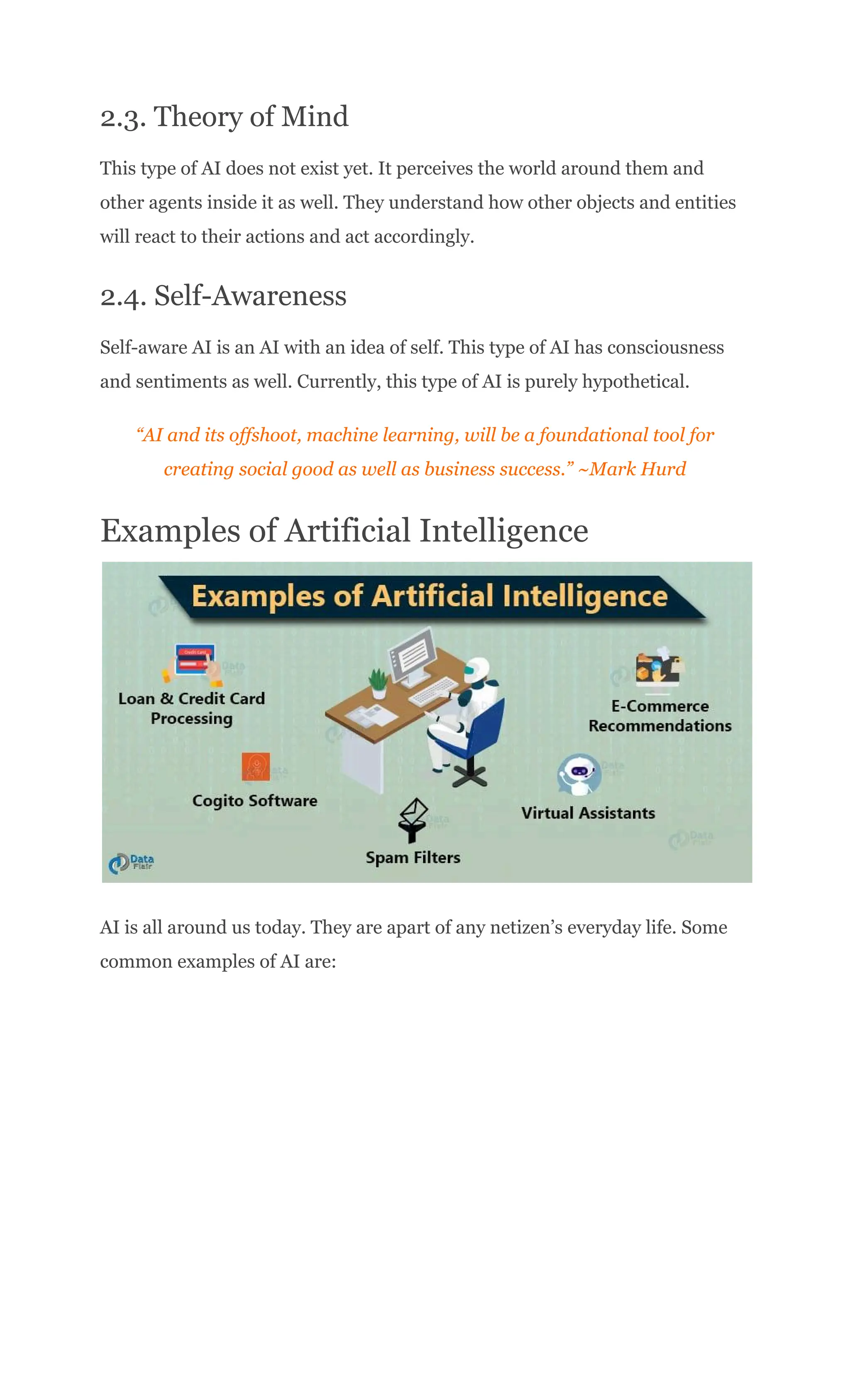 2.3. Theory of Mind
This type of AI does not exist yet. It perceives the world around them and
other agents inside it as well. They understand how other objects and entities
will react to their actions and act accordingly.
2.4. Self-Awareness
Self-aware AI is an AI with an idea of self. This type of AI has consciousness
and sentiments as well. Currently, this type of AI is purely hypothetical.
“AI and its offshoot, machine learning, will be a foundational tool for
creating social good as well as business success.” ~Mark Hurd
Examples of Artificial Intelligence
AI is all around us today. They are apart of any netizen’s everyday life. Some
common examples of AI are:
 