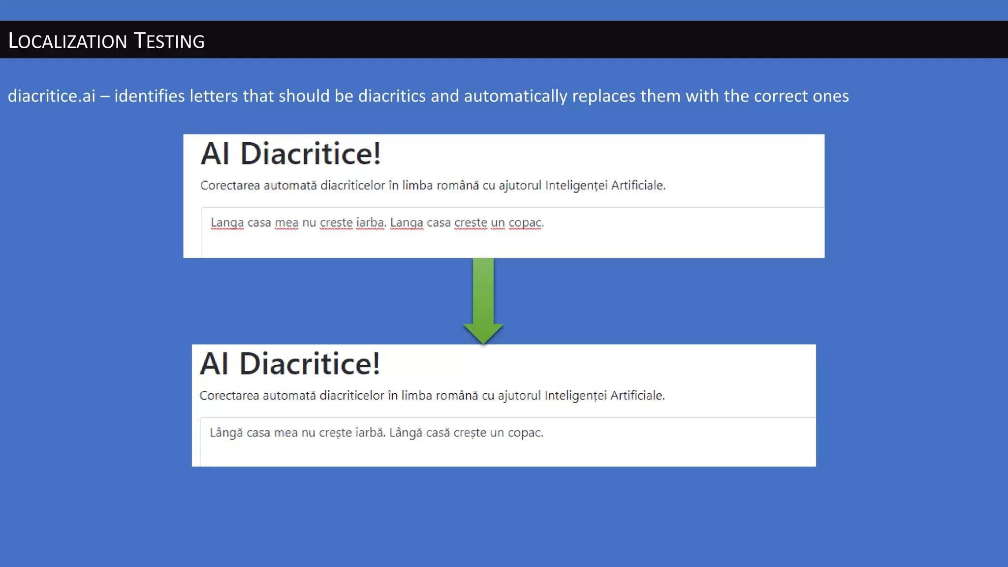 LOCALIZATION TESTING
diacritice.ai – identifies letters that should be diacritics and automatically replaces them with the correct ones
 