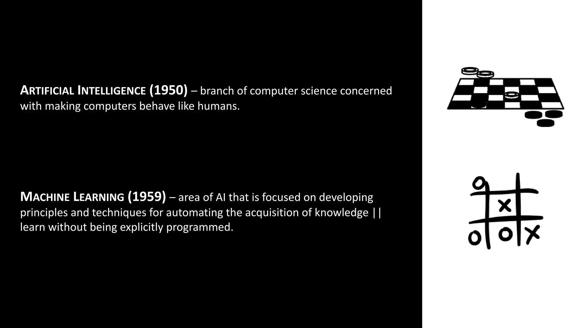 ARTIFICIAL INTELLIGENCE (1950) – branch of computer science concerned
with making computers behave like humans.
MACHINE LEARNING (1959) – area of AI that is focused on developing
principles and techniques for automating the acquisition of knowledge ||
learn without being explicitly programmed.
 