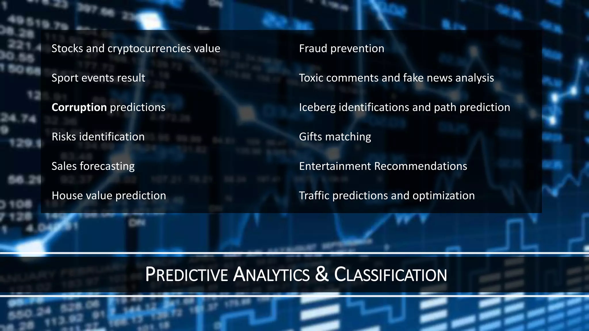 PREDICTIVE ANALYTICS & CLASSIFICATION
Stocks and cryptocurrencies value
Sport events result
Corruption predictions
Risks identification
Sales forecasting
House value prediction
Fraud prevention
Toxic comments and fake news analysis
Iceberg identifications and path prediction
Gifts matching
Entertainment Recommendations
Traffic predictions and optimization
 