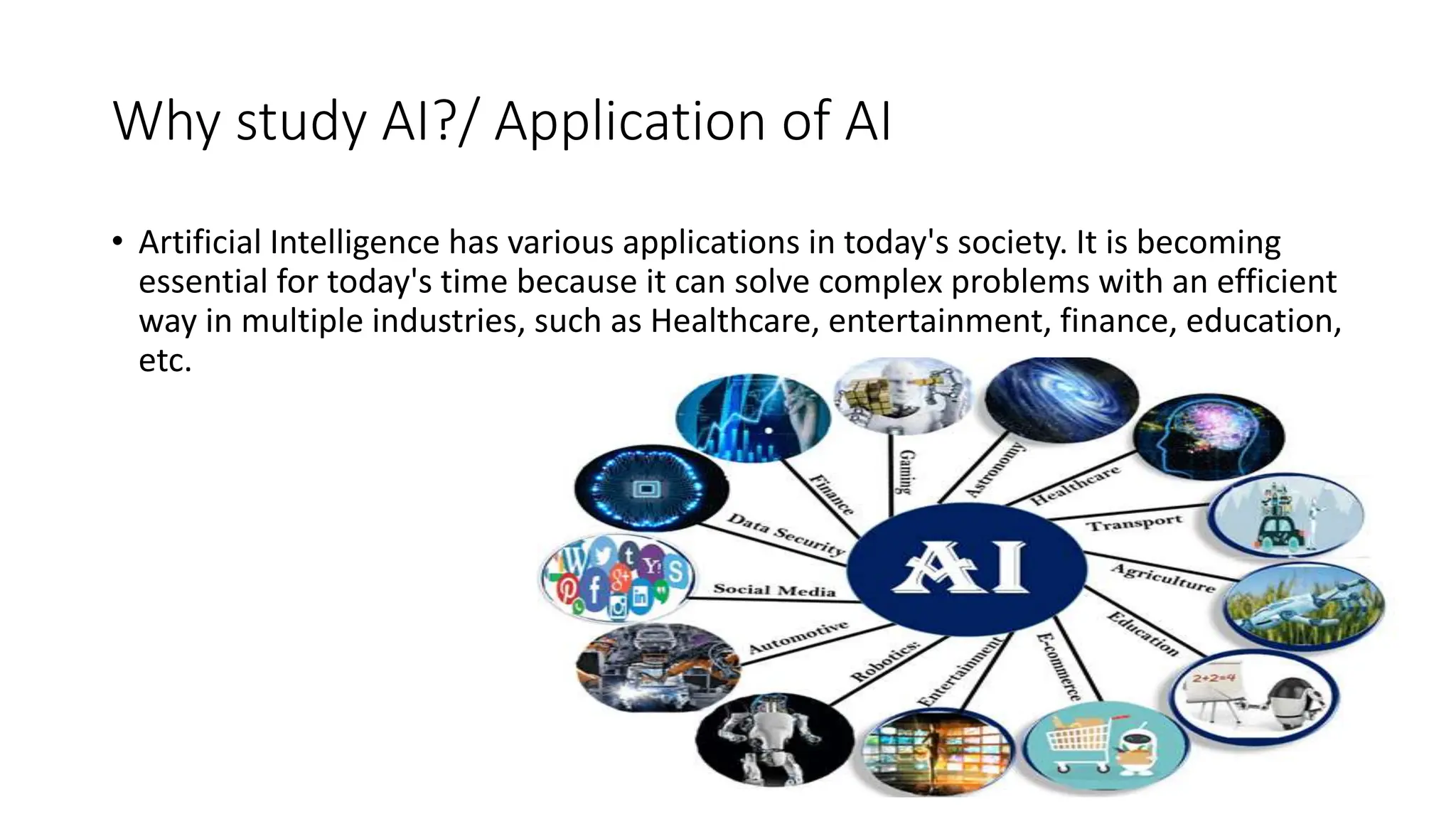 Why study AI?/ Application of AI
• Artificial Intelligence has various applications in today's society. It is becoming
essential for today's time because it can solve complex problems with an efficient
way in multiple industries, such as Healthcare, entertainment, finance, education,
etc.
 