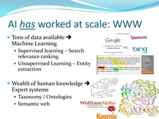 AI has worked at scale: WWW<br />Tons of data available  Machine Learning<br />Supervised learning – Search relevance ran...