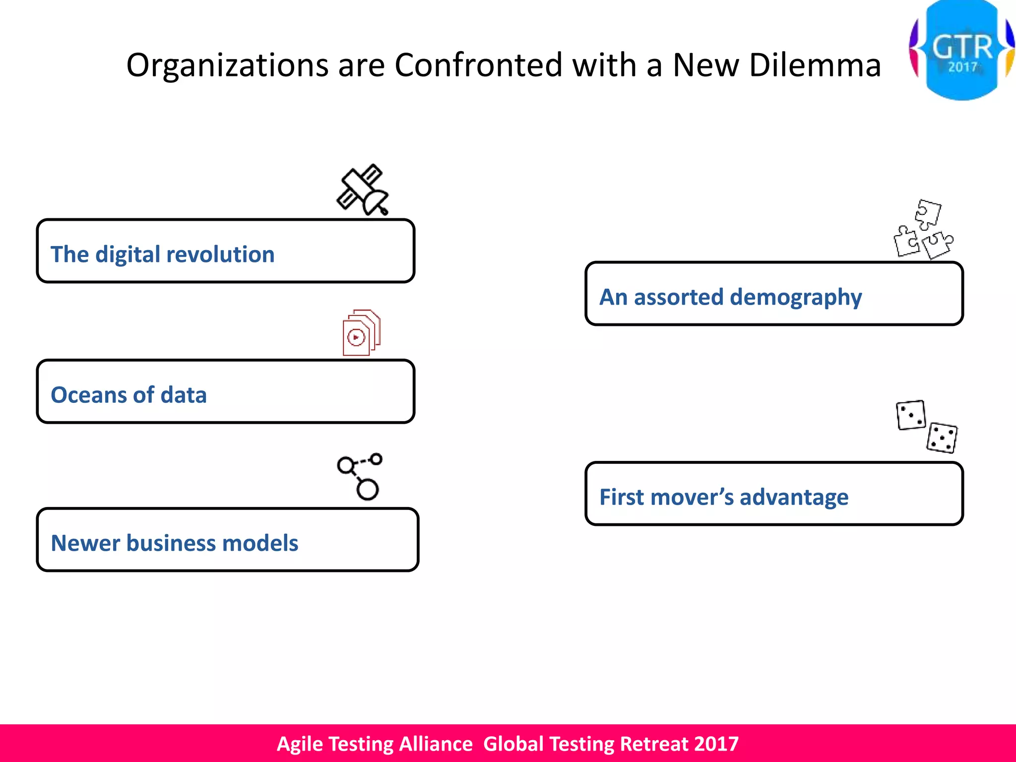 Agile Testing Alliance Global Testing Retreat 2017
Organizations are Confronted with a New Dilemma
The digital revolution
An assorted demography
Oceans of data
First mover’s advantage
Newer business models
 