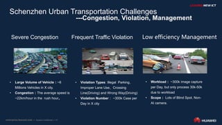 11
Schenzhen Urban Transportation Challenges
---Congestion, Violation, Management
• Violation Types: Illegal Parking、
Improper Lane Use、Crossing
Line(Driving) and Wrong Way(Driving)
• Violation Number： ~300k Case per
Day in X city
• Large Volume of Vehicle：~6
Millions Vehicles in X city.
• Congestion：The average speed is
~22km/hour in the rush hour。
Severe Congestion Frequent Traffic Violation Low efficiency Management
• Workload： ~300k image capture
per Day, but only process 30k-50k
due to workload
• Scope： Lots of Blind Spot. Non-
AI camera.
 