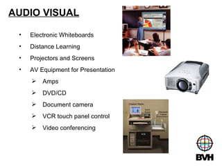 AUDIO VISUAL Electronic Whiteboards Distance Learning Projectors and Screens AV Equipment for Presentation Amps DVD/CD Document camera VCR touch panel control  Video conferencing 