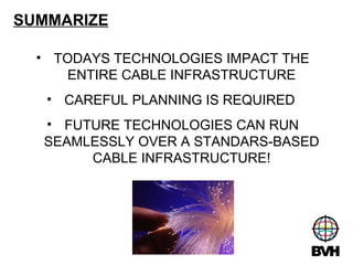 SUMMARIZE TODAYS TECHNOLOGIES IMPACT THE ENTIRE CABLE INFRASTRUCTURE CAREFUL PLANNING IS REQUIRED  FUTURE TECHNOLOGIES CAN RUN SEAMLESSLY OVER A STANDARS-BASED CABLE INFRASTRUCTURE! 