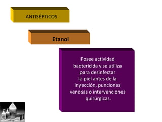 ANTISÉPTICOS



          Etanol


                        Posee actividad
                    bactericida y se utiliza
                        para desinfectar
                       la piel antes de la
                     inyección, punciones
                   venosas o intervenciones
                           quirúrgicas.
 