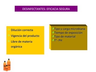 DESINFECTANTES: EFICACIA SEGURA




 Dilución correcta              Tipo y carga microbiana
                                 Tiempo de exposición
 Vigencia del producto          Tipo de material
 Libre de materia               T°- PH
  orgánica
 
