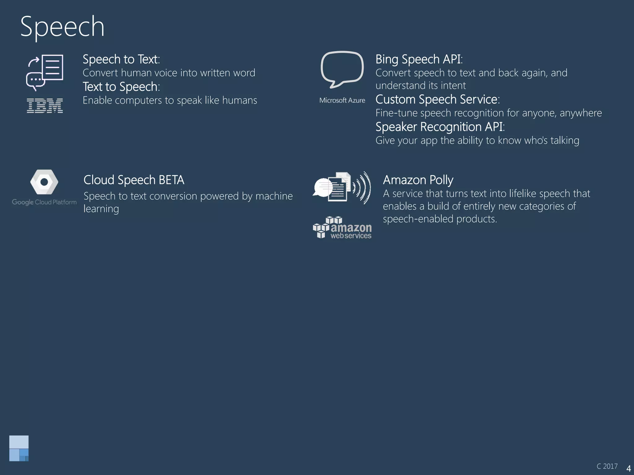 4
Speech to Text:
Convert human voice into written word
Text to Speech:
Enable computers to speak like humans
Speech
Bing Speech API:
Convert speech to text and back again, and
understand its intent
Custom Speech Service:
Fine-tune speech recognition for anyone, anywhere
Speaker Recognition API:
Give your app the ability to know who's talking
C 2017
Cloud Speech BETA
Speech to text conversion powered by machine
learning
Amazon Polly
A service that turns text into lifelike speech that
enables a build of entirely new categories of
speech-enabled products.
 