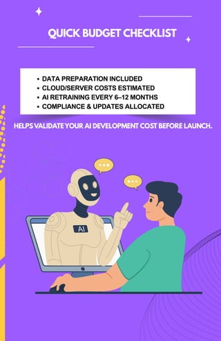 QUICK BUDGET CHECKLIST
DATA PREPARATION INCLUDED
CLOUD/SERVER COSTS ESTIMATED
AI RETRAINING EVERY 6–12 MONTHS
COMPLIANCE & UPDATES ALLOCATED
HELPSVALIDATEYOUR AI DEVELOPMENT COST BEFORE LAUNCH.
 