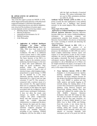 III. APPLICATIONS OF ARTIFICIAL
INTELLIGENCE
One of the first expert systems was MYCIN in 1974,
which diagnosed bacterial infections of the blood and
suggested treatments.It did better than medical
students orpracticing doctors,provided its limitations
were observed.The usefulness ofcurrent expert
systems depends on their users having common sense
• Modeling Human Performance
• Planning & Robotics
• Languages & Environments for AI
• Machine Learning
• AI & Philosophy
 Application of Artificial Intelligent
Techniques in Power system
stabilizers (PSSs) Design Since the
1960s, PSSs have been used to add
damping to electromechanical
oscillations. The PSS is an additional
control system, which is often applied
as a part of an excitation control system.
The basic function of the PSS is to
apply a signal to the excitation system,
producing electrical torques to the rotor
in phase with speed differences that
damp out power oscillations. They
perform within the generator‟s
excitation system to create a part of
electrical torque, called damping torque,
proportional to speed change. A CPSS
can be modeled by a two stage
(identical), lead-lag network which is
represented by a gain K and two time
constants T1 and T2. This network is
connected with a washout circuit of a
time constant Tw. The signal washout
block acts as a high-pass filter with the
time constant Tw that allows the signal
associated with the oscillations in rotor
speed to pass unchanged. Furthermore,
it does not allow the steady state
changes to modify the terminal
voltages. The phase compensation
blocks with time constants T1i – T4i
supply the suitable phase-lead
characteristics to compensate the phase
lag between the input and the output
signals. In the field of power system
operation computer programs are
executed and modified frequently
according to any variations. Artificial
intelligence (AI) has the ability to deal
with the high non-linearity of practical
Systems. The various technologies that
are used in PSSs optimization problems
are ANN, FL, ES etc.
Artificial Neural Network (ANN) in PSS: In the
power systems the most applications of the artificial
neural network use a multilayer feed forward
network. In the neural adaptive PSS, a feed-forward
neural
Fuzzy Logic (FL) in PSS:
Application of Artificial Intelligence Techniques in
Network Intrusion Detection Intrusion Detection
Systems (IDS) uses the various Artificial Intelligence
techniques for protecting computer and
communication networks from intruders. Intrusion
Detection System (IDS) is the process of monitoring
the events occurring in network and detecting the
signs of intrusion.
Artificial Neural Network in IDS: ANN is a
mathematical model that consists of an
interconnected group of artificial neurons which
processes the information. In IDS ANN are used to
model complex relationships between inputs and
outputs or to find patterns in data. In this a neuron
calculates the sum by multiplying input by weight
and applies a threshold. The result is transmitted to
subsequent neurons. Basically, the ANN has been
generalized to: [6] yi=f(Σwikxk+μi) (1) k Where wik
are weights attached to the inputs, xk are inputs to the
neuron i, μi is a threshold, f (•) is a transfer function
and yi is the output of the neuron.
 Fuzzy Inference Systems (FIS) in IDS:
Sampada et al [12] proposed two machine
learning paradigms: Artificial Neural
Networks and Fuzzy Inference System, for
the design of an Intrusion Detection System.
They used SNORT to perform real time
traffic analysis and packet logging on IP
network during the training phase of the
system. They constructed a signature pattern
database using Protocol Analysis and
Neuro-Fuzzy learning method. They then
tested and validated the models using the
1998 DARPA Intrusion Detection
Evaluation Data and TCP dump raw data.
The data set contains 24 attack types. The
attacks fall into four main categories viz.
Denial of Service (DOS), Remote to User
(R2L), User to Root (U2R), and Probing.
From the results, it was shown that the
Fuzzy Inference System was faster in
training, taking few seconds, than the
Artificial Neural Networks which took few
minutes to converge. Generally, both
techniques proved to be good, but with the
 