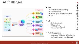 rGrupe
:|:
application
security
AI Challenges
• LLM
• Contextual understanding
• Common Sense
• Only as good as its training data
• Bias
• ML
• Not Deterministic
• Hallucinations
• Can’t Unlearn/Forget
• Corrupted Data
• Post Deployment
• Continuous Validation & Monitoring
• Can’t easily restore from backups
© 2023 Robert Grupe. All Rights Reserved.
11
 