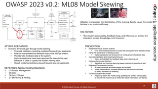 rGrupe
:|:
application
security
OWASP 2023 v0.2: ML08 Model Skewing
Attacker manipulates the distribution of the training data to cause the model to
behave in an undesirable way.
RISK FACTORS
• The model’s adaptability, feedback loop, and influence, as well as the
attacker’s access, knowledge, and resources
ATTACK SCENARIOS
+ Scenario: Financial gain through model skewing
+ Financial institution predicting creditworthiness of loan applicants
+ Attacker manipulates the feedback loop in the MLOps system.
+ Provide fake feedback data to the system:
high-risk applicants have been approved for loans in the past,
feedback is used to update the model’s training data.
+ Result: model’s predictions skewed towards low-risk applicants
DEFENSES AppSec Coding Standards
+ D3 Access Management
+ D5 Data
+ D6 Input / Output
+ D7 Monitoring & Alerting
PREVENTION
+ Implement robust access controls:
+ Only authorized personnel to access MLOps system and feedback loops
+ Verify the authenticity of feedback data:
+ Digital signatures and checksums to verify genuine feedback data
+ Use data validation and cleaning techniques
+ Clean and validate the feedback data before training use
+ Implement anomaly detection
+ Statistical and machine learning-based methods to detect and alert
+ Regularly/Continuously monitor
+ All user/consumer activities logged and audited
+ Model performance: compare predictions with actual outcomes
to detect deviations or skewing.
+ Continuously train the model:
+ Regularly retrain the model using updated and verified training data,
to ensure that it continues to reflect the latest information and trends.
© 2023 Robert Grupe. All Rights Reserved.
38
 