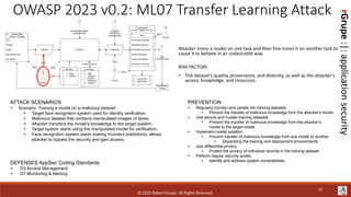 rGrupe
:|:
application
security
OWASP 2023 v0.2: ML07 Transfer Learning Attack
Attacker trains a model on one task and then fine-tunes it on another task to
cause it to behave in an undesirable way.
RISK FACTORS
• The dataset’s quality, provenance, and diversity, as well as the attacker’s
access, knowledge, and resources.
ATTACK SCENARIOS
+ Scenario: Training a model on a malicious dataset
+ Target face recognition system used for identity verification.
+ Malicious dataset that contains manipulated images of faces.
+ Attacker transfers the model’s knowledge to the target system.
+ Target system starts using the manipulated model for verification.
+ Face recognition system starts making incorrect predictions, allows
attacker to bypass the security and gain access.
DEFENSES AppSec Coding Standards
+ D3 Access Management
+ D7 Monitoring & Alerting
PREVENTION
+ Regularly monitor and update the training datasets
+ Prevent the transfer of malicious knowledge from the attacker's model
+ Use secure and trusted training datasets
+ Prevent the transfer of malicious knowledge from the attacker’s
model to the target model.
+ Implement model isolation
+ Prevent transfer of malicious knowledge from one model to another.
+ Separating the training and deployment environments
+ Use differential privacy
+ Protect the privacy of individual records in the training dataset
+ Perform regular security audits:
+ Identify and address system vulnerabilities
© 2023 Robert Grupe. All Rights Reserved.
50
 