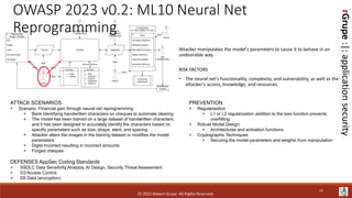 rGrupe
:|:
application
security
OWASP 2023 v0.2: ML10 Neural Net
Reprogramming
Attacker manipulates the model's parameters to cause it to behave in an
undesirable way.
RISK FACTORS
• The neural net’s functionality, complexity, and vulnerability, as well as the
attacker’s access, knowledge, and resources.
ATTACK SCENARIOS
+ Scenario: Financial gain through neural net reprogramming
+ Bank identifying handwritten characters on cheques to automate clearing
+ The model has been trained on a large dataset of handwritten characters,
and it has been designed to accurately identify the characters based on
specific parameters such as size, shape, slant, and spacing.
+ Attacker alters the images in the training dataset or modifies the model
parameters
+ Digits incorrect resulting in incorrect amounts
+ Forged cheques
DEFENSES AppSec Coding Standards
+ SSDLC Data Sensitivity Analysis, AI Design, Security Threat Assessment
+ D3 Access Control
+ D5 Data (encryption)
PREVENTION
+ Regularisation
+ L1 or L2 regularization addition to the loss function prevents
overfitting
+ Robust Model Design:
+ Architectures and activation functions.
+ Cryptographic Techniques
+ Securing the model parameters and weights from manipulation
© 2023 Robert Grupe. All Rights Reserved.
51
 