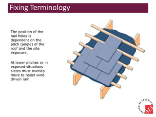 The position of the
nail holes is
dependent on the
pitch (angle) of the
roof and the site
exposure.
At lower pitches or in
exposed situations
slates must overlap
more to resist wind
driven rain.
Fixing Terminology
 