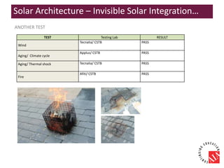 ANOTHER TEST
TEST Testing Lab RESULT
Wind
Tecnalia/ CSTB PASS
Aging/ Climate cycle
Applus/ CSTB PASS
Aging/ Thermal shock Tecnalia/ CSTB PASS
Fire
Afiti/ CSTB PASS
Solar Architecture – Invisible Solar Integration…
 