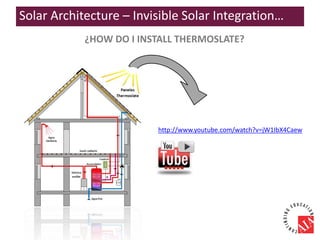 ¿HOW DO I INSTALL THERMOSLATE?
http://www.youtube.com/watch?v=jW1IbX4Caew
Solar Architecture – Invisible Solar Integration…
 
