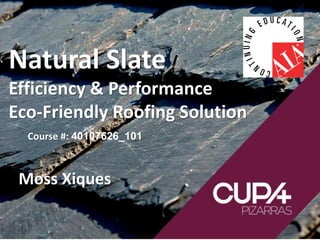 1
Moss Xiques
Natural Slate
Efficiency & Performance
Eco-Friendly Roofing Solution
Course #: 40107626_101
 