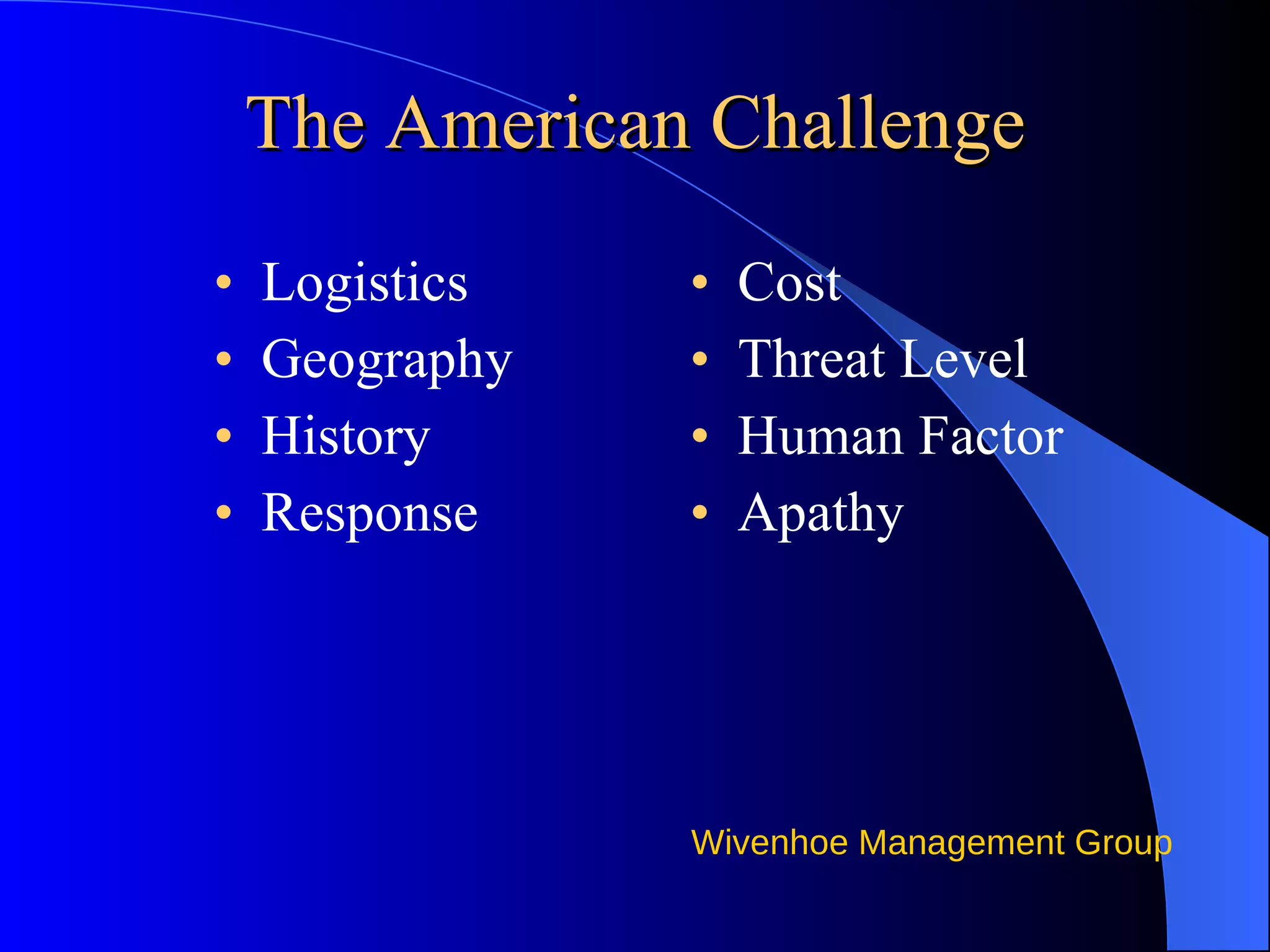 The American Challenge Logistics Geography History Response Cost Threat Level Human Factor Apathy 