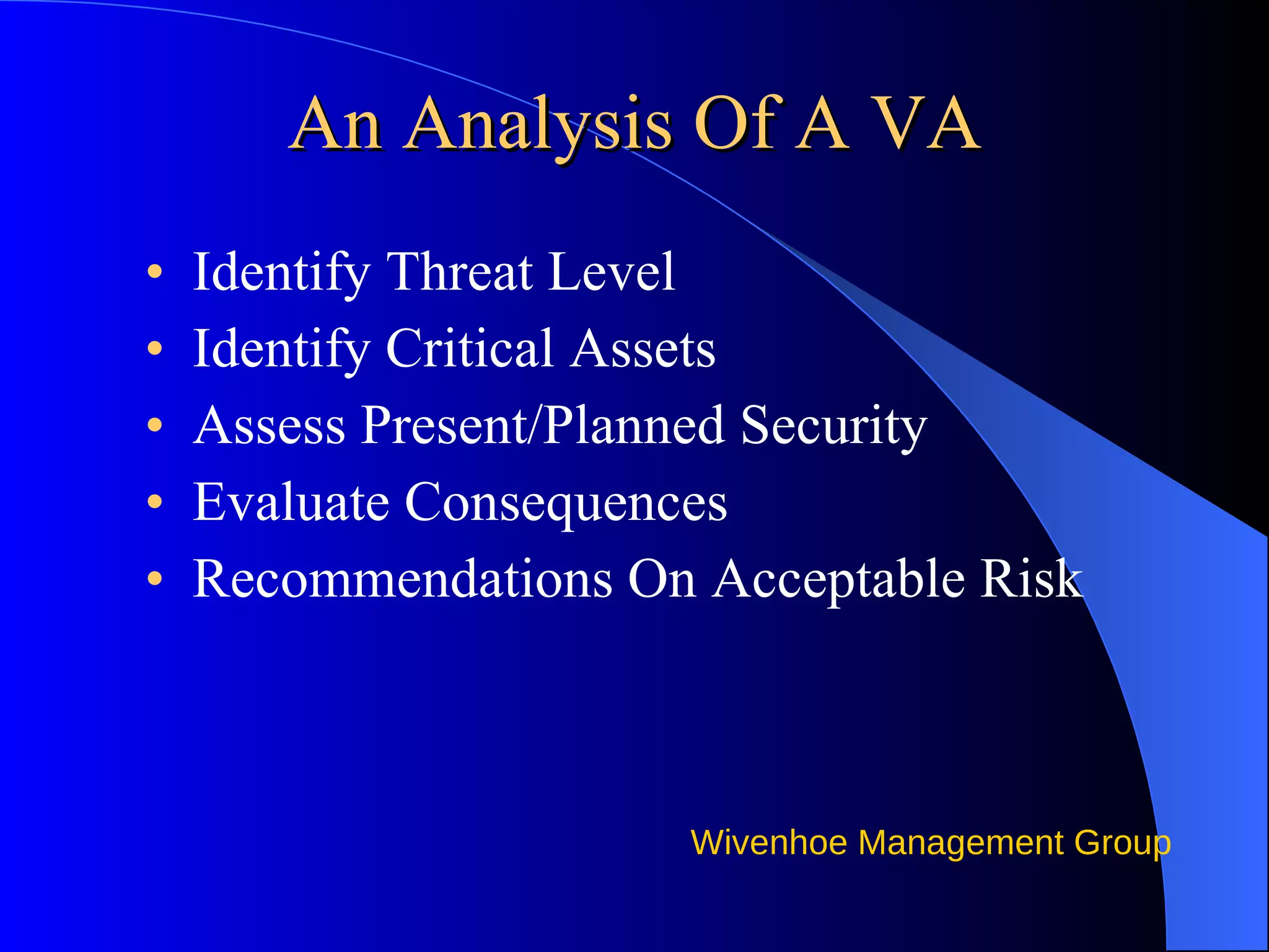 An Analysis Of A VA Identify Threat Level Identify Critical Assets Assess Present/Planned Security Evaluate Consequences Recommendations On Acceptable Risk 