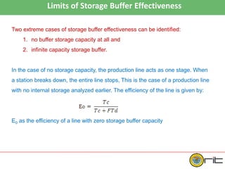 Limits of Storage Buffer Effectiveness
Two extreme cases of storage buffer effectiveness can be identified:
1. no buffer storage capacity at all and
2. infinite capacity storage buffer.
In the case of no storage capacity, the production line acts as one stage. When
a station breaks down, the entire line stops, This is the case of a production line
with no internal storage analyzed earlier. The efficiency of the line is given by:
E0 as the efficiency of a line with zero storage buffer capacity
 
