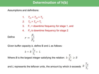 Determination of h(b)
Assumptions and definitions:
1. Td1 = Td2 = Td
2. Tc1 = Tc2 = Tc
3. F1 = downtime frequency for stage 1, and
4. F2 is downtime frequency for stage 2
Define
Given buffer capacity b, define B and L as follows:
Where B is the largest integer satisfying the relation:
and L represents the leftover units, the amount by which b exceeds
 