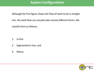 System Configurations
Although the first figure shows the flow of work to be in straight
line, the work flow can actually take several different forms. We
classify them as follows:
1. In-line
2. Segmented in-line, and
3. Rotary
 