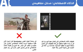 ‫في‬‫سلسلة‬‫الخيال‬‫العلمي‬Terminator‫كان‬‫الرجل‬‫اآللي‬
‫تقنية‬‫مستقبلية‬‫مزودة‬‫بالذكاء‬‫االصطناعي‬‫الخارق‬‫ال‬‫ذي‬
‫مكنها‬‫من‬‫التغلب‬‫على‬‫البشر‬.‫هذا‬‫النوع‬‫من‬‫تقنيات‬‫الذ‬‫كاء‬
‫االصطناعي‬‫الواعي‬‫وخارق‬‫القوى‬‫الزال‬‫في‬‫رحم‬‫الخيال‬
‫العلمي‬.
‫تطبيقات‬‫الذكاء‬‫االصطناعي‬‫التي‬‫نتعامل‬‫معها‬‫اليوم‬‫و‬‫نرغب‬
‫في‬‫أن‬‫تزداد‬‫دقتها‬‫مستقبليا‬‫هي‬‫تلك‬‫التطبيقات‬‫الت‬‫ي‬‫تحاول‬
‫محاكاة‬‫المهارات‬‫العقلية‬،‫اإلنسانية‬‫مثال‬‫كما‬‫نرى‬‫أعاله‬‫ف‬‫ي‬
‫التعرف‬‫على‬‫وعنونة‬‫الصور‬‫بدقة‬‫عالية‬.
 