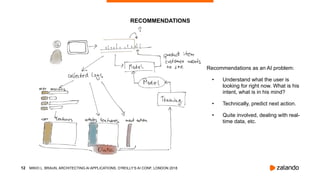 !12
Recommendations as an AI problem:
• Understand what the user is
looking for right now. What is his
intent, what is in his mind?
• Technically, predict next action.
• Quite involved, dealing with real-
time data, etc.
RECOMMENDATIONS
MIKIO L. BRAUN, ARCHITECTING AI APPLICATIONS, O’REILLY’S AI CONF, LONDON 2018
 
