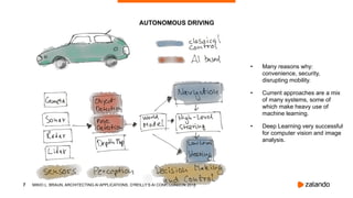 !7
• Many reasons why:
convenience, security,
disrupting mobility.
• Current approaches are a mix
of many systems, some of
which make heavy use of
machine learning.
• Deep Learning very successful
for computer vision and image
analysis.
AUTONOMOUS DRIVING
MIKIO L. BRAUN, ARCHITECTING AI APPLICATIONS, O’REILLY’S AI CONF, LONDON 2018
 