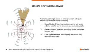 !8
Autonomous driving is based on a mix of sensors with quite
different capabilities to improve reliability.
• Sonar/Radar: Cheap, low resolution, works well under
extreme weather and in darkness, can estimate velocity.
• Camera: Cheap, very high resolution, similar to what we
humans see.
• Lidar (light detection and ranging): expensive, very
accurate depth maps.
SENSORS IN AUTONOMOUS DRIVING
MIKIO L. BRAUN, ARCHITECTING AI APPLICATIONS, O’REILLY’S AI CONF, LONDON 2018
 