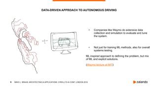 !9
• Companies like Waymo do extensive data
collection and simulation to evaluate and tune
the system.
• Not just for training ML methods, also for overall
systems testing.
ML inspired approach to defining the problem, but mix
of ML and explicit solutions.
(Waymo lecture at MIT)
DATA-DRIVEN APPROACH TO AUTONOMOUS DRIVING
MIKIO L. BRAUN, ARCHITECTING AI APPLICATIONS, O’REILLY’S AI CONF, LONDON 2018
 