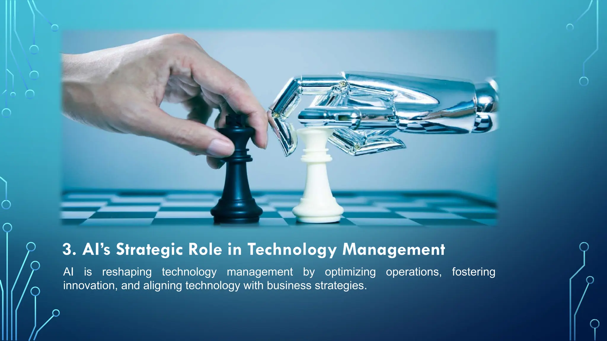 3. AI’s Strategic Role in Technology Management
AI is reshaping technology management by optimizing operations, fostering
innovation, and aligning technology with business strategies.
 