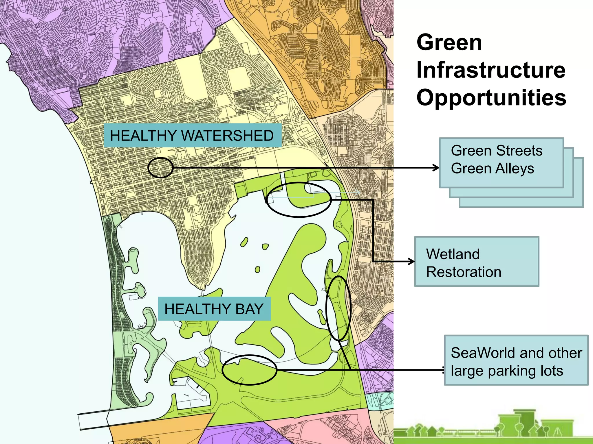 Green
Infrastructure
Opportunities
Green Streets
Green Alleys
Wetland
Restoration
SeaWorld and other
large parking lots
HEALTHY WATERSHED
HEALTHY BAY
 
