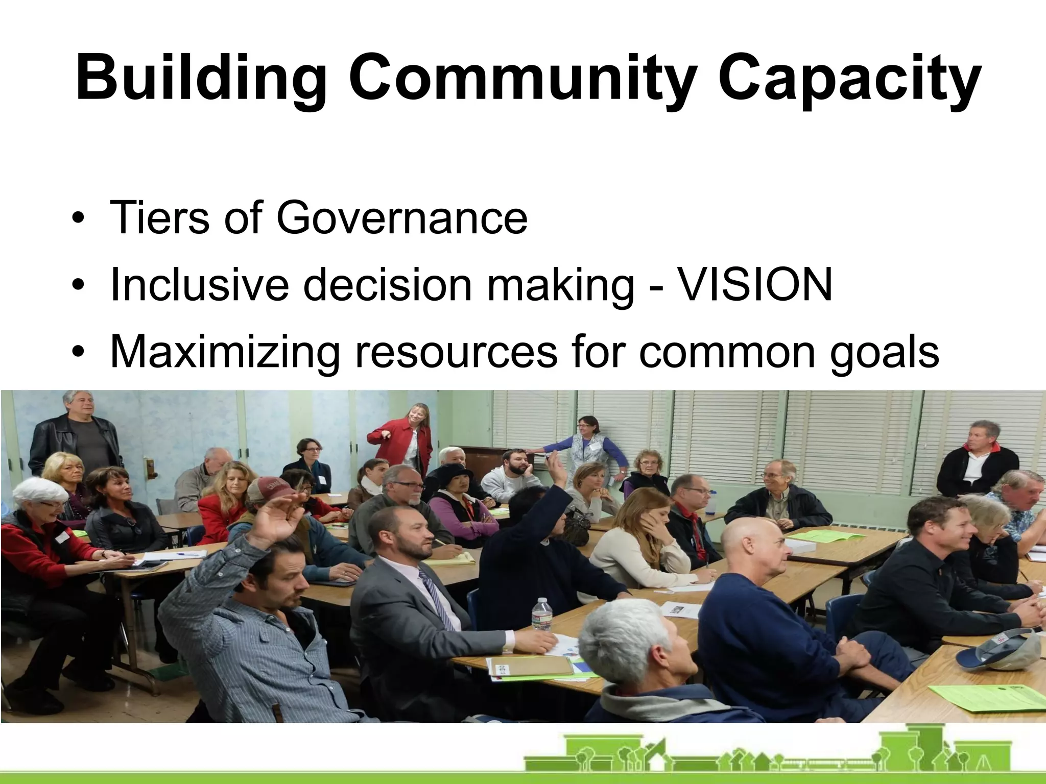 Building Community Capacity
• Tiers of Governance
• Inclusive decision making - VISION
• Maximizing resources for common goals
 