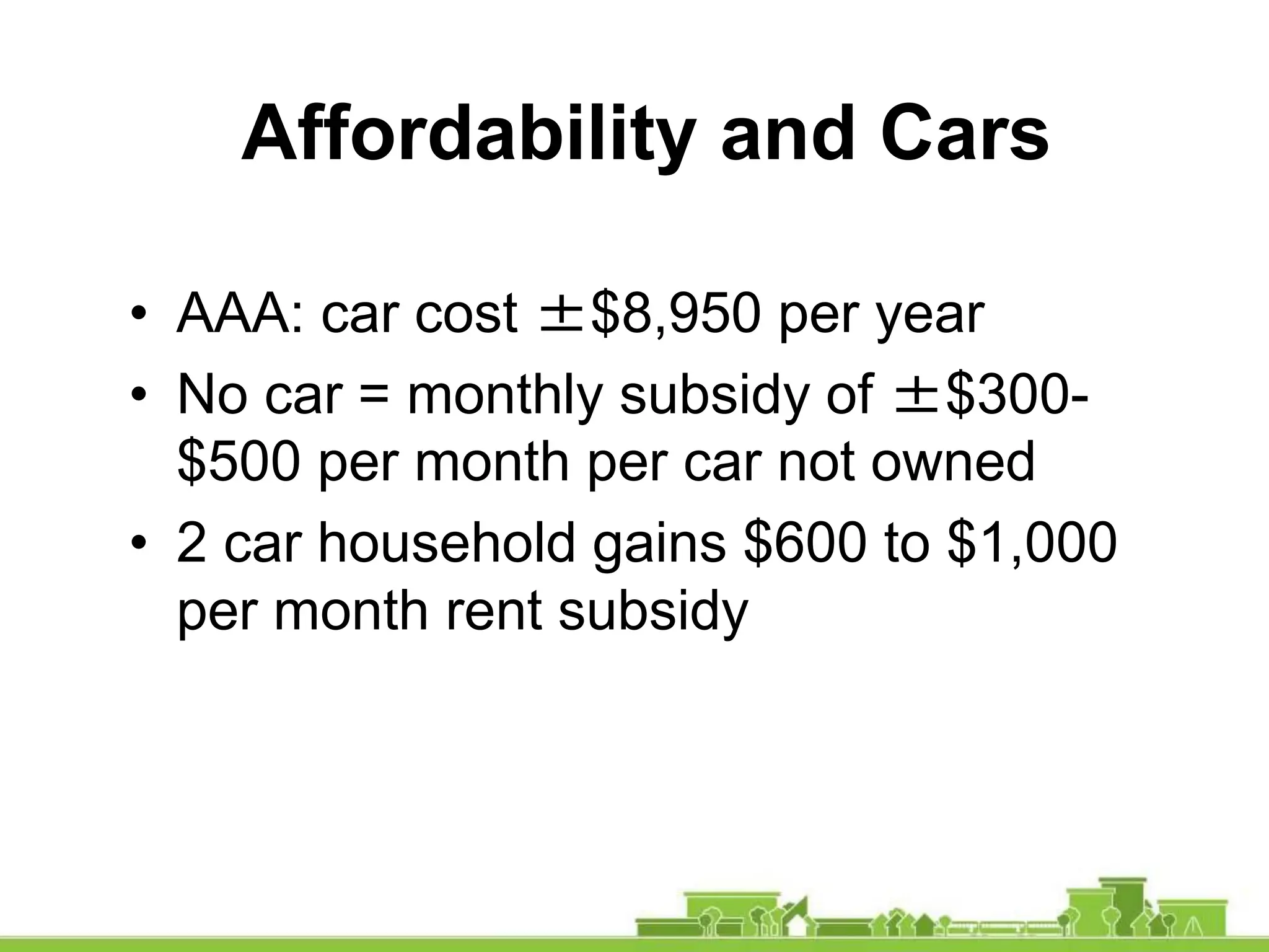 • AAA: car cost ±$8,950 per year
• No car = monthly subsidy of ±$300-
$500 per month per car not owned
• 2 car household gains $600 to $1,000
per month rent subsidy
Affordability and Cars
 