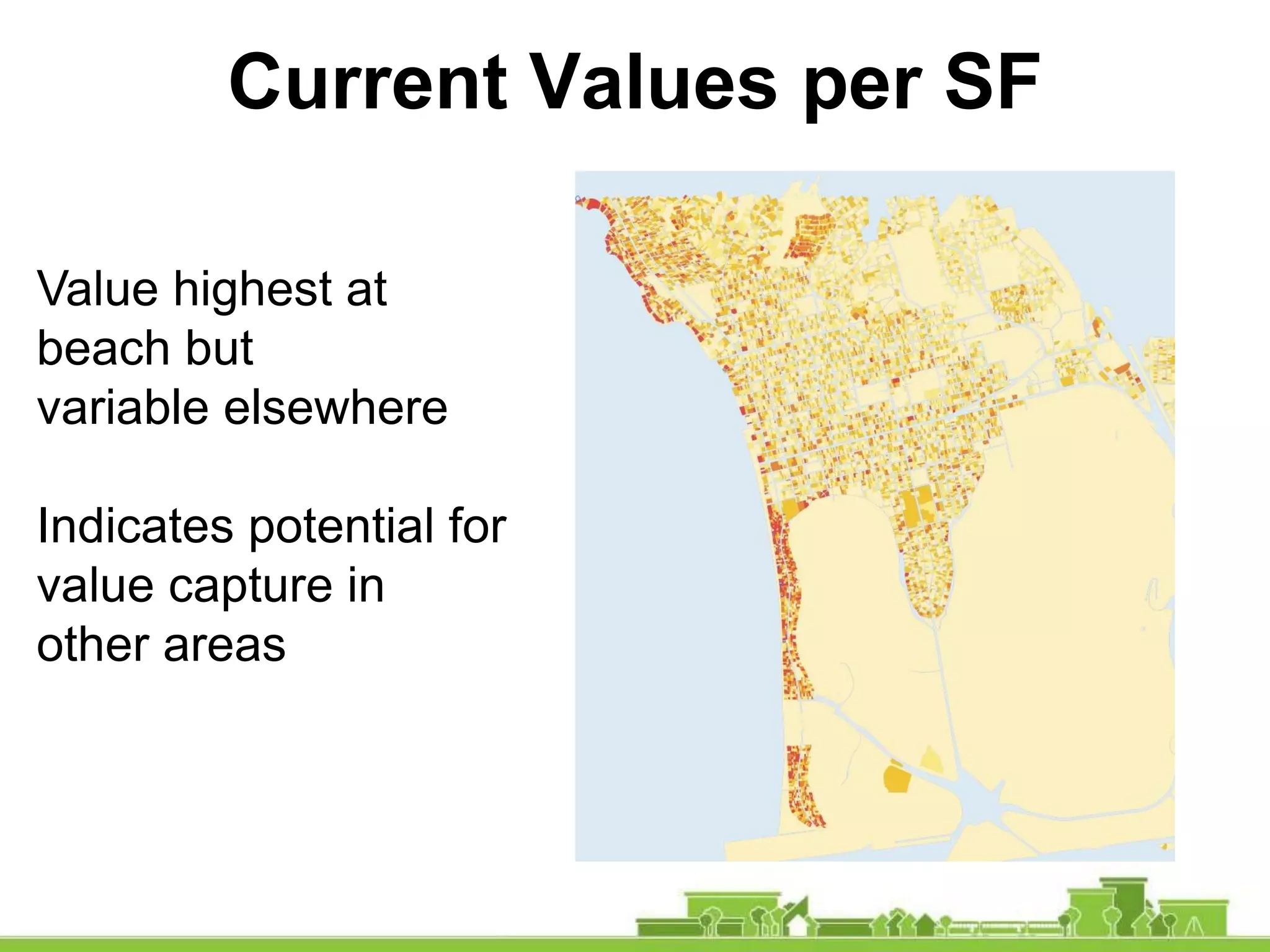 Current Values per SF
Value highest at
beach but
variable elsewhere
Indicates potential for
value capture in
other areas
 