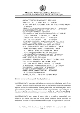 Ministério Público do Estado de Pernambuco
             Promotorias de Justiça Criminal e de Defesa da Cidadania da Capital



              ANDRÉ  FERREIRA  RODRIGUES  -­‐‑  R$  2.500,00  
              ANTÔNIO  LUIZ  DA  SILVA  NETO  -­‐‑  R$  5.000,00  
              AUGUSTO  JOSE  CARRERAS  CAVALCANTI  DE  ALBUQUERQUE  
              -­‐‑  R$  2.500,00  
              CARLOS  FREDERICO  GOMES  FRED  OLIVEIRA  -­‐‑  R$  4.000,00  
              DANIEL  PIRES  COELHO  -­‐‑  R$  3.000,00  
              EDUARDO  AMORIM  MARQUES  DA  CUNHA  -­‐‑  R$  5.500,00  
              ELEDIAK  FRANCISCO  CORDEIRO  -­‐‑  R$  2.500,00  
              FRANCISMAR  MENDES  PONTES  -­‐‑  R$  3.000,00  
              GILVAN  CAVALCANTI  DA  SILVA  -­‐‑  R$  5.000,00  
              GUSTAVO  VASCONCELOS  NEGROMONTE  -­‐‑  R$  5.500,00  
              JOÃO  ALBERTO  DE  FREITAS  MARINS  -­‐‑  R$  3.000,00  
              JOSE  ERIBERTO  MEDEIROS  DE  OLIVEIRA  -­‐‑  R$  2.500,00  
              LIBERATO  PERREIRA  COSTA  JUNIOR  -­‐‑  R$  5.500,00  
              LUIZ  CARLOS  CAVALCANTI  PIRES  -­‐‑  R$  3.000,00  
              LUIZ  EUSTÁQUIO  RAMOS  NETO  -­‐‑  R$  5.500,00  
              LUIZ  HELVÉCIO  DE  SANTIAGO  ARAÚJO  -­‐‑  R$  5.500,00  
              LUIZ  VIDAL  SILVA  -­‐‑  R$  5.500,00  
              MARCOS  ANTONIO  DE  SOUZA  MENEZES  -­‐‑  R$  2.500,00  
              MOZART  JULIO  TABOSA  SALES  -­‐‑  R$  2.500,00  
              OSMAR  RICARDO  CABRAL  BARRETO  -­‐‑  R$  4.500,00  
              ROMILDO  JOSE  FERREIRA  GOMES  FILHO  -­‐‑  R$  6.000,00  
              SEVERINO  GABRIEL  BELTRÃO  -­‐‑R$  2.500,00  
              SILVIO  SERAFIM  COSTA  FILHO  -­‐‑  R$  5.000,00  
              VALDIR  FACIONI  -­‐‑  R$  4.000,00  
              HENRIQUE  JOSÉ  LEITE  DE  MELO  -­‐‑  R$  6.000,00  
  
Entre  os  considerandi  da  referida  decisão,  destacam-­‐‑se:    
  
CONSIDERANDO  que  foram  utilizadas  como  comprovantes  da  despesa  notas  fiscais  
“clonadas”,  notas  de  estabelecimentos  fechados  ou  inexistentes,  notas  com  numeração  
repetida,   notas   de   estabelecimentos   diversos   preenchidas   com   a   mesma   grafia,   notas  
grosseiramente   falsificadas,   dentre   tantas   outras   irregularidades,   o   que   configura   o  
ato  de  improbidade  administrativa  previsto  no  art.  9º,  XI,  da  Lei  Federal  nº  8.429/92;  
  
CONSIDERANDO   que,   apesar   de   quase   todos   os   vereadores   responsáveis   pela  
prestação   de   contas   com   base   em   notas   fiscais   inidôneas   terem   devolvido   os  
respectivos  recursos  aos  cofres  da  Prefeitura  Municipal,  as  irregularidades  subsistem,  


        Rua 1º de Março nº 100 – Santo Antonio – Recife/PE – CEP: 50010-070 – Fone (81) 3182-7273
                                                17 de 31
 
