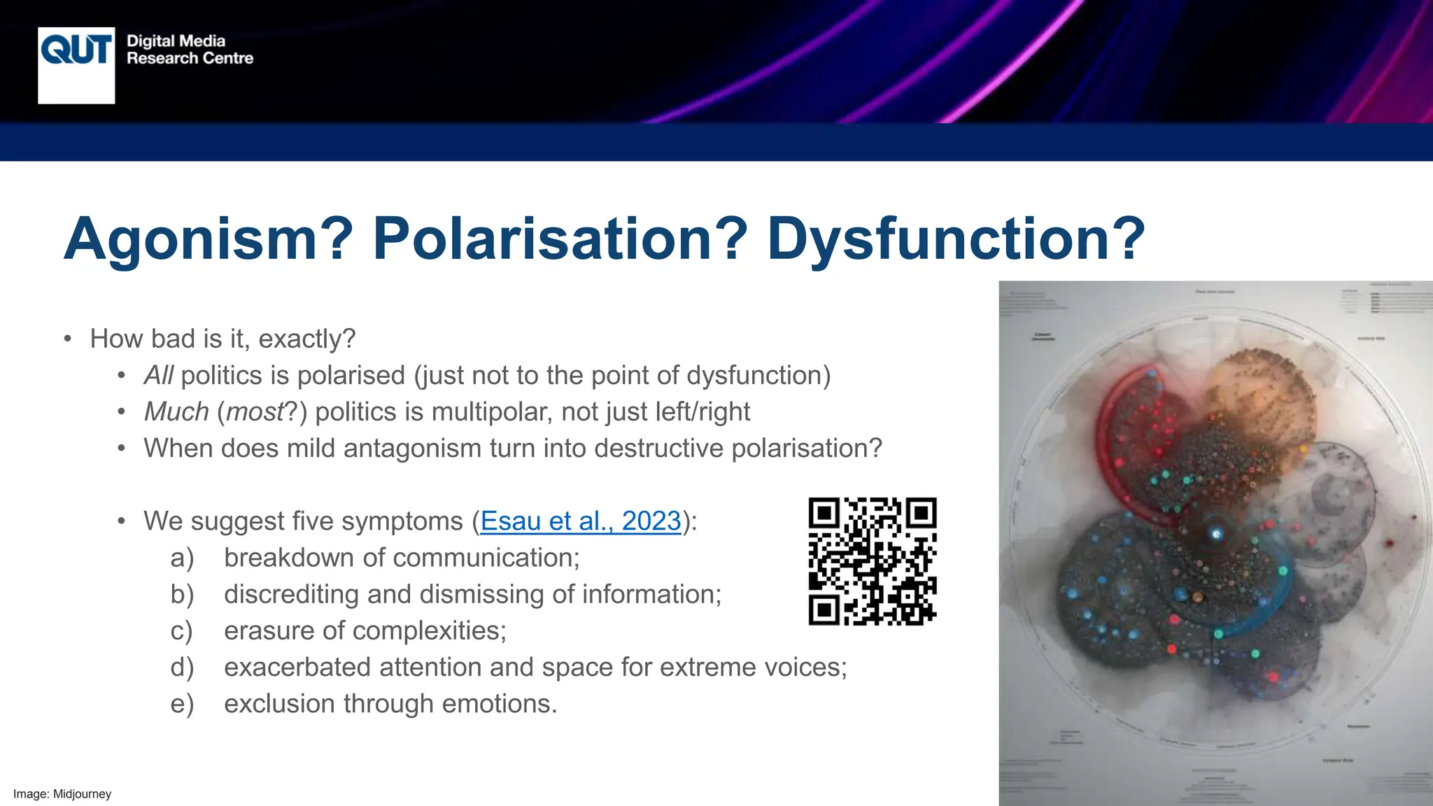 CRICOS No.00213J
Agonism? Polarisation? Dysfunction?
• How bad is it, exactly?
• All politics is polarised (just not to the point of dysfunction)
• Much (most?) politics is multipolar, not just left/right
• When does mild antagonism turn into destructive polarisation?
• We suggest five symptoms (Esau et al., 2023):
a) breakdown of communication;
b) discrediting and dismissing of information;
c) erasure of complexities;
d) exacerbated attention and space for extreme voices;
e) exclusion through emotions.
Image: Midjourney
 