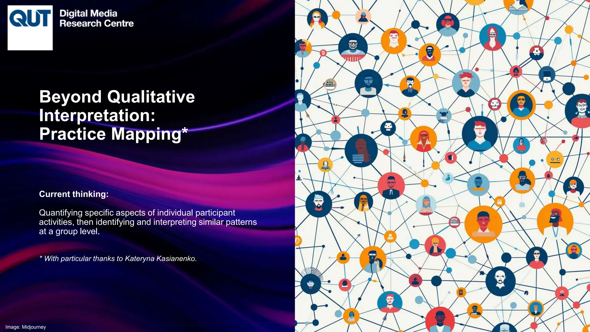 CRICOS No.00213J
Current thinking:
Quantifying specific aspects of individual participant
activities, then identifying and interpreting similar patterns
at a group level.
* With particular thanks to Kateryna Kasianenko.
Beyond Qualitative
Interpretation:
Practice Mapping*
Image: Midjourney
 
